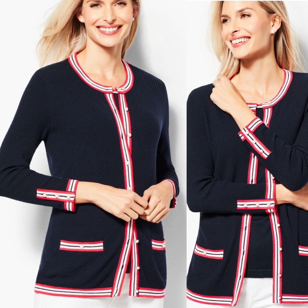 Talbots Navy Blue Cardigan Sweater Textured Preppy Knit career casual 1X 14 16